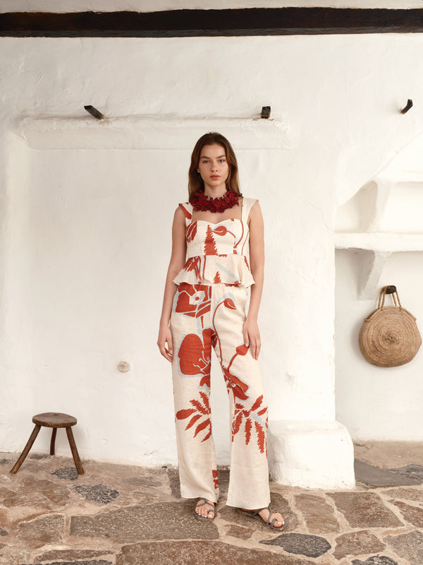 Joao Linen Pants / Ecru - Orange Gladiolos